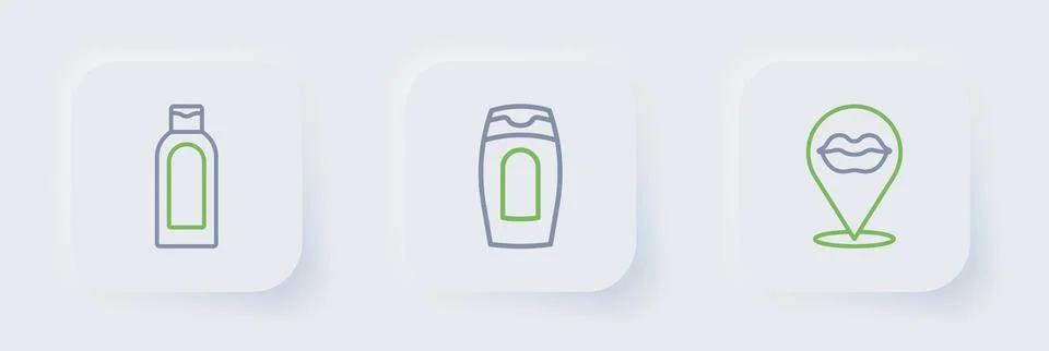 Set line Smiling lips, Bottle of shampoo and  icon. Vector Stock Illustration