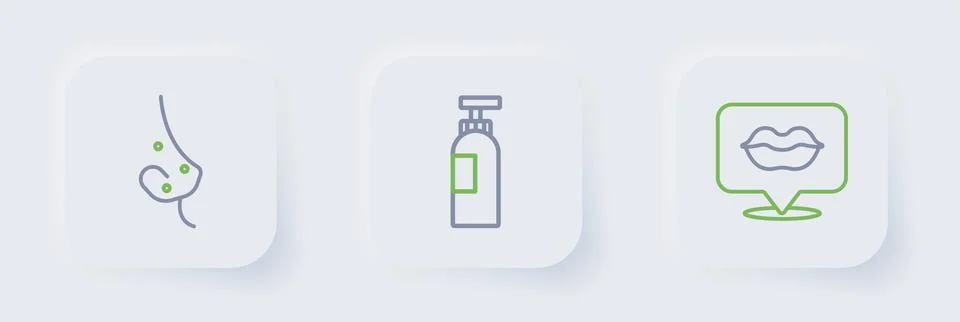 Set line Smiling lips, Bottle of shampoo and Acne icon. Vector Stock Illustration