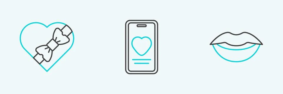 Set line Smiling lips, Candy heart shaped box and Online dating app chat ic.. Stock Illustration