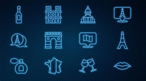 Set line Smiling lips, Eiffel tower, Museum building, Triumphal Arch, Champagne Ilustración de archivo