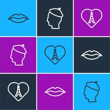 Set line Smiling lips, Eiffel tower with heart and French man icon. Vector Stock-Illustration