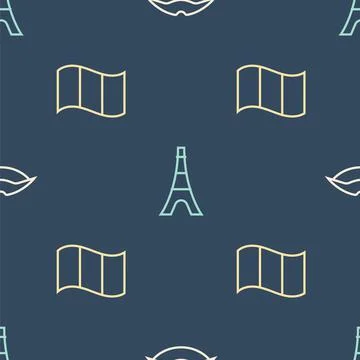 Set line Smiling lips, Flag France and Eiffel tower on seamless pattern. Vector Illustrazione stock