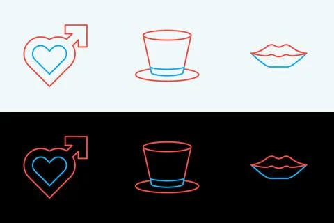 Set line Smiling lips, Heart with male gender and Cylinder hat icon. Vector Stock Illustration