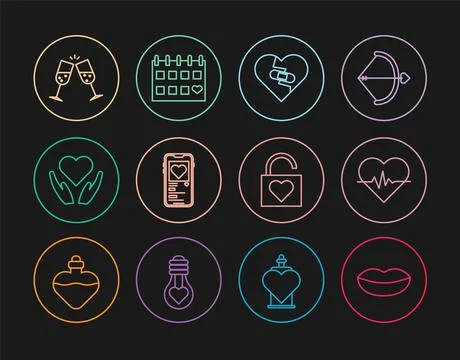 Set line Smiling lips, Heart rate, Healed broken heart, Mobile with, hand, .. Stock Illustration