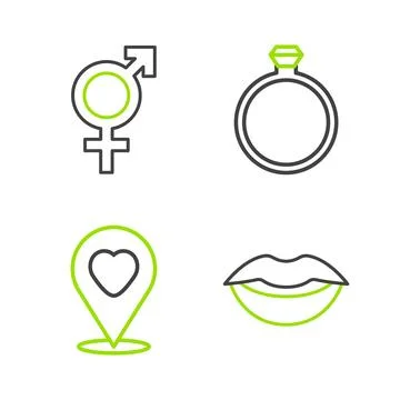 Set line Smiling lips Location with heart Diamond engagement ring and Gender  Stock Illustration