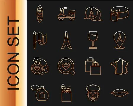 Set line Smiling lips Map of France Eiffel tower Flag French baguette bread a Stock Illustration