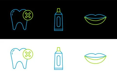 Set line Smiling lips, Tooth with caries and Tube of toothpaste icon. Vector 스톡 일러스트
