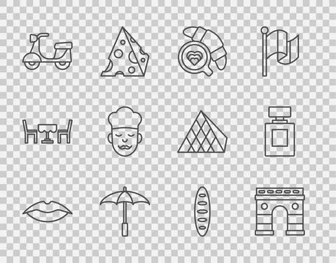 Set line Smiling lips, Triumphal Arch, Coffee cup with croissant, Umbrella for イラスト素材