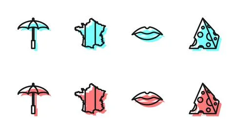 Set line Smiling lips, Umbrella for beach, Map of France and Cheese icon. Vector Illustrazione stock