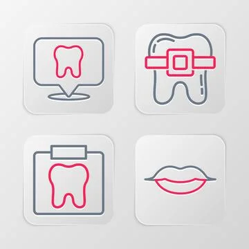 Set line Smiling lips, X-ray of tooth, Teeth with braces and Dental clinic Stock Illustration