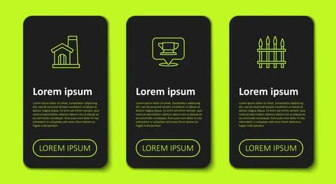 Set line Smithy workshop interior, Blacksmith anvil tool and Classic iron fence Illustrazione stock