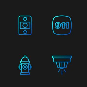 Set line Smoke alarm system, Fire hydrant, and Emergency call 911. Gradient Stock Illustration