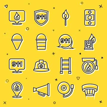 Set line Smoke alarm system, Ringing bell, Fire burning building, Burning match Ilustración de archivo