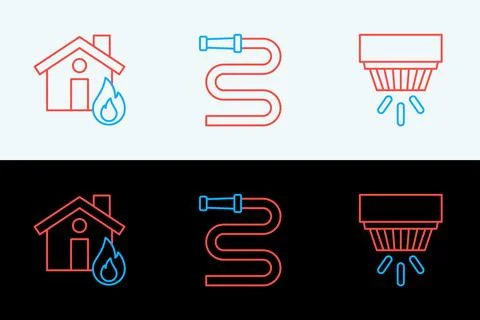 Set line Smoke alarm system, Fire in burning house and hose reel icon. Vector Stock Illustration