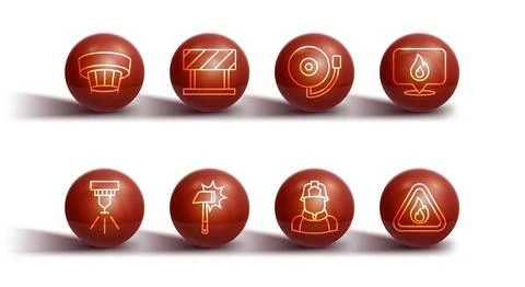 Set line Smoke alarm system, Fire sprinkler, Location with fire flame, Fire.. Illustration