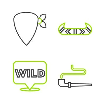 Set line Smoking pipe, Pointer to wild west, Kayak or canoe and paddle and .. Illustrazione stock