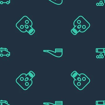 Set line Smoking pipe, Skull and Cannon with cannonballs on seamless pattern Stock Illustration