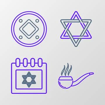 Set line Smoking pipe with smoke, Jewish calendar star of david, Star David.. Stock Illustration