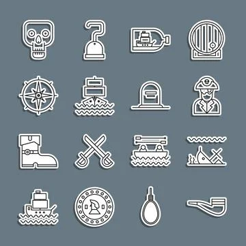 Set line Smoking pipe, Sunken ship, Pirate captain, Bottle with inside, Ship Stock Illustration