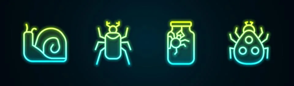 Set line Snail, Beetle bug, Spider in jar and Ladybug. Glowing neon icon. Vector Illustrazione stock