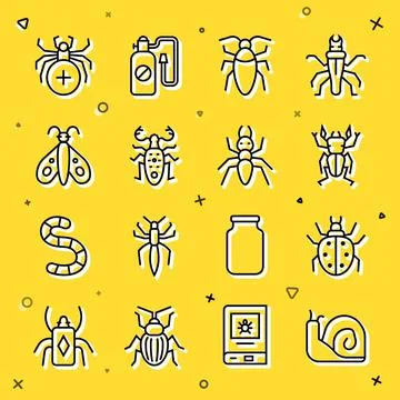 Set line Snail, Mite, Beetle deer, Cockroach, Butterfly, Spider and Ant icon Illustration