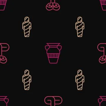 Set line Snake, Egypt mummy and Egyptian vase on seamless pattern. Vector Stock Illustration