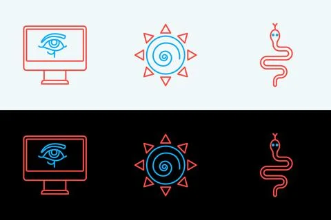 Set line Snake, Eye of Horus on monitor and Sun icon. Vector Illustrazione stock