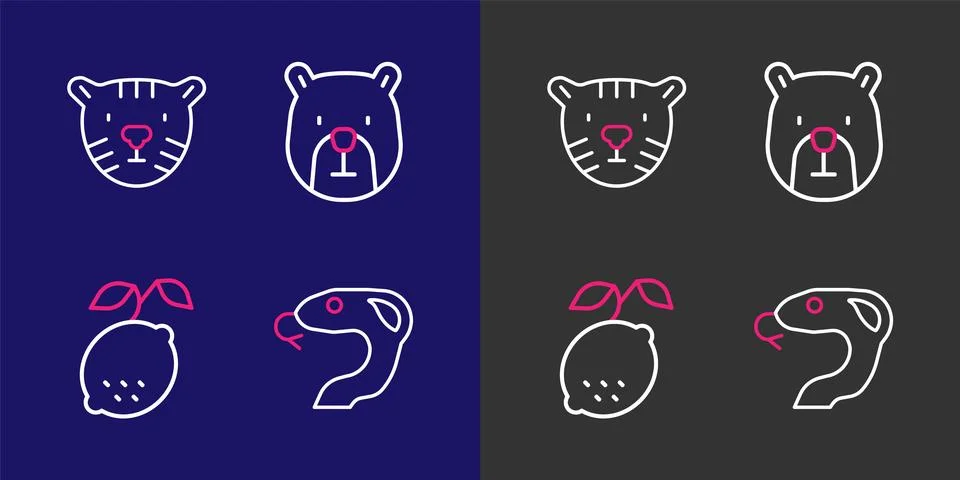 Set line Snake, Lemon, Bear head and Tiger icon. Vector Stock Illustration