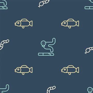 Set line Snake, Puffer fish and Cigarette on seamless pattern. Vector Stock Illustration