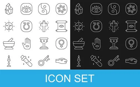 Set line Snake, Venus, Ancient magic scroll, Yin Yang, Life, Sun, Magic stone Stock Illustration