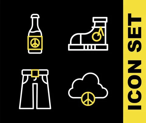 Set line Sneakers, Peace cloud, Jeans wide and Beer bottle icon. Vector 스톡 일러스트