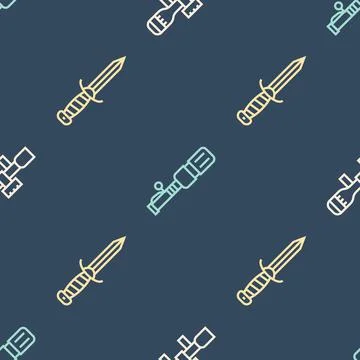 Set line Sniper optical sight, Military knife and Anti-tank hand grenade on Stock Illustration
