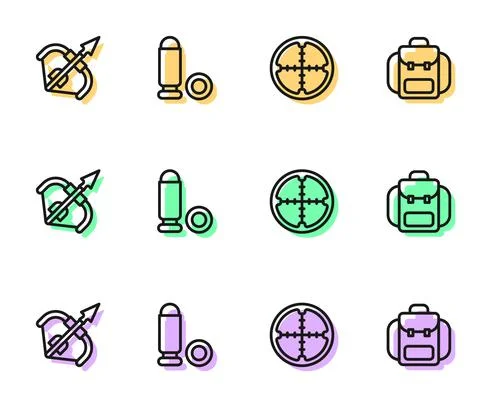 Set line Sniper optical sight, Medieval bow and arrow, Bullet and Hiking Stock Illustration