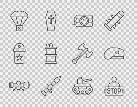 Set line Sniper optical sight, Stop war, Dynamite and timer clock, Rocket 스톡 일러스트