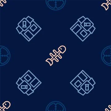 Set line Sniper optical sight, Hunting shop and Dead fish on seamless pattern Illustrazione stock