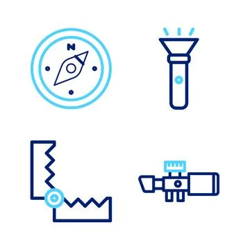 Set line Sniper optical sight, Trap hunting, Flashlight and Compass icon. Vector Stock Illustration