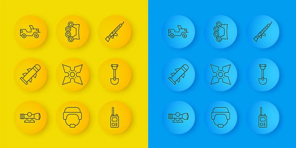 Set line Sniper optical sight, Rocket, Japanese ninja shuriken, Walkie talk.. Stock Illustration