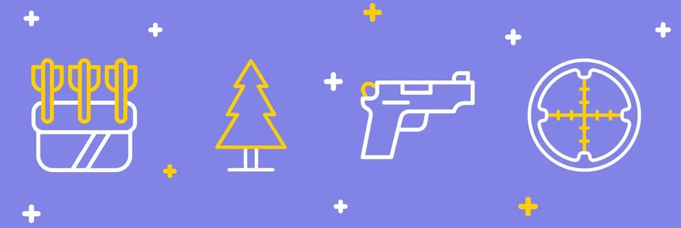 Set line Sniper optical sight, Pistol or gun, Tree and Quiver with arrows i.. Stock Illustration