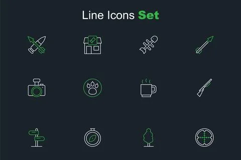 Set line Sniper optical sight, Tree, Compass, Road traffic sign, Hunting gu.. Illustrazione stock