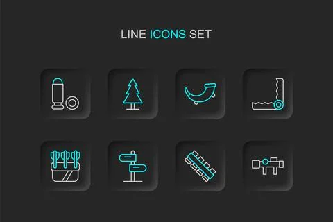 Set line Sniper optical sight, Hunting cartridge belt, Road traffic sign, Q.. Stock Illustration