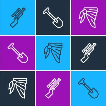Set line Sniper rifle with scope, Bandana or biker scarf and Shovel icon. Vector Illustrazione stock