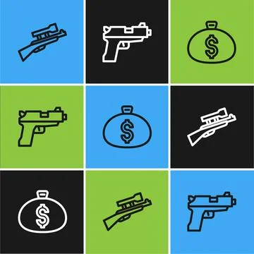 Set line Sniper rifle with scope, Money bag and Pistol or gun icon. Vector Stock Illustration