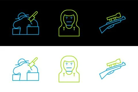 Set line Sniper rifle with scope, Murder and Thief mask icon. Vector Stock Illustration
