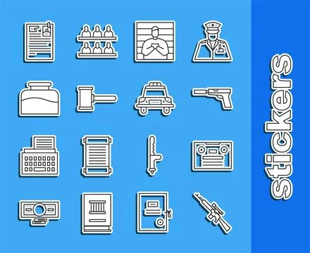 Set line Sniper rifle with scope, Retro audio cassette tape, Pistol or gun .. Stock Illustration