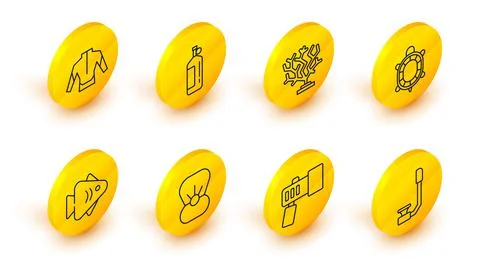 Set line Snorkel, Flashlight, Shell with pearl, Fish, Turtle, Coral, Aqualung Stock Illustration