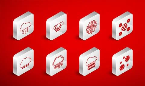 Set line Snow, Cloud with snow, Snowflake, rain, Windy weather and  icon. Vec Stock Illustration