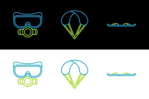 Set line Snowboard, Diving mask and Parachute icon. Vector Stock Illustration