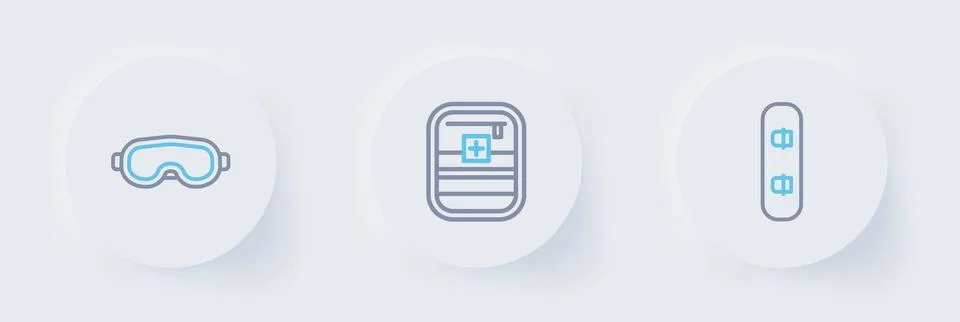Set line Snowboard, First aid kit and Ski goggles icon. Vector Stock Illustration