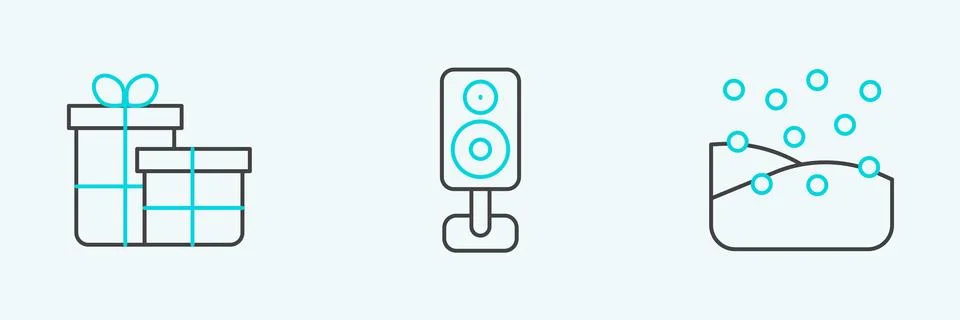 Set line Snowfall, Gift box and Stereo speaker icon. Vector 스톡 일러스트