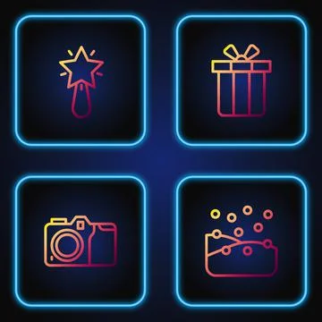 Set line Snowfall, Photo camera, Christmas star and Gift box. Gradient color Stock Illustration